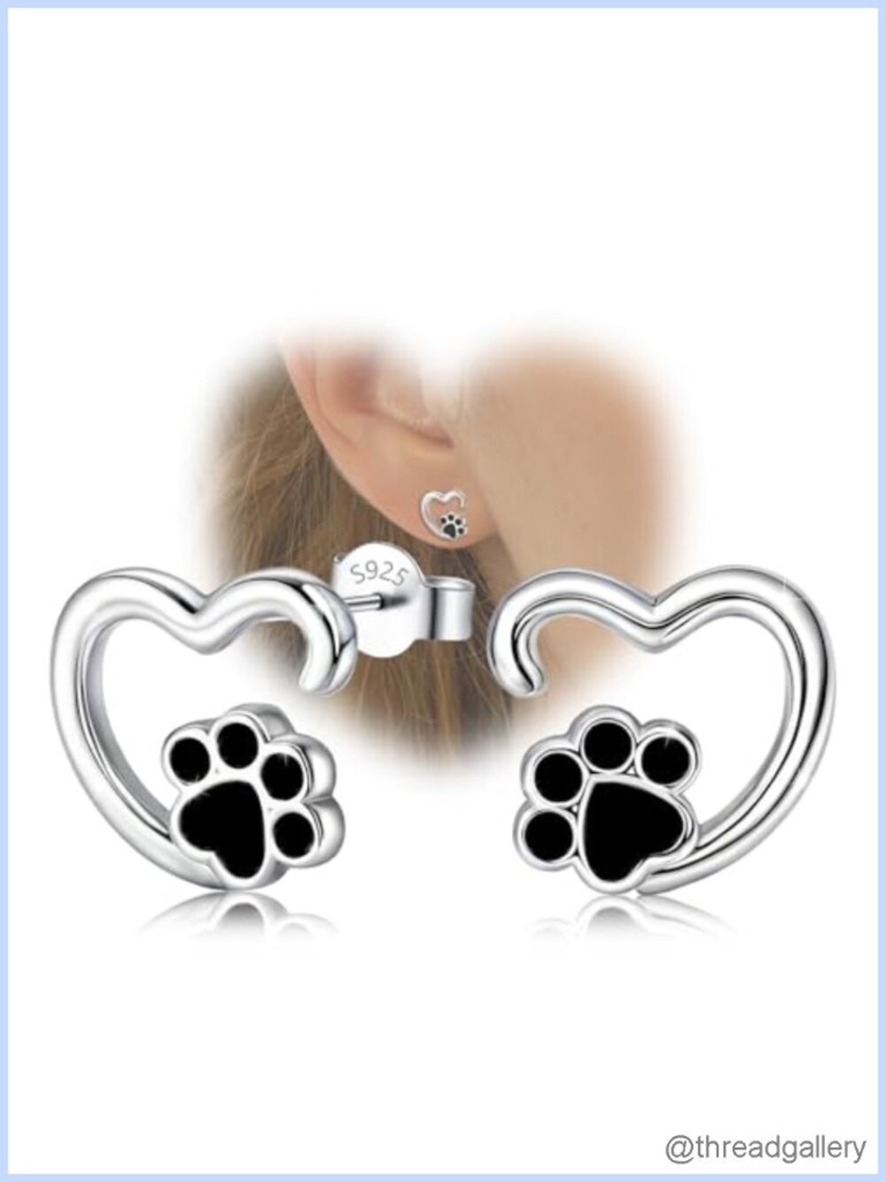 Sterling Silver Heart Paw Print Stud Earrings Hypoallergenic Pet Lover Gift
